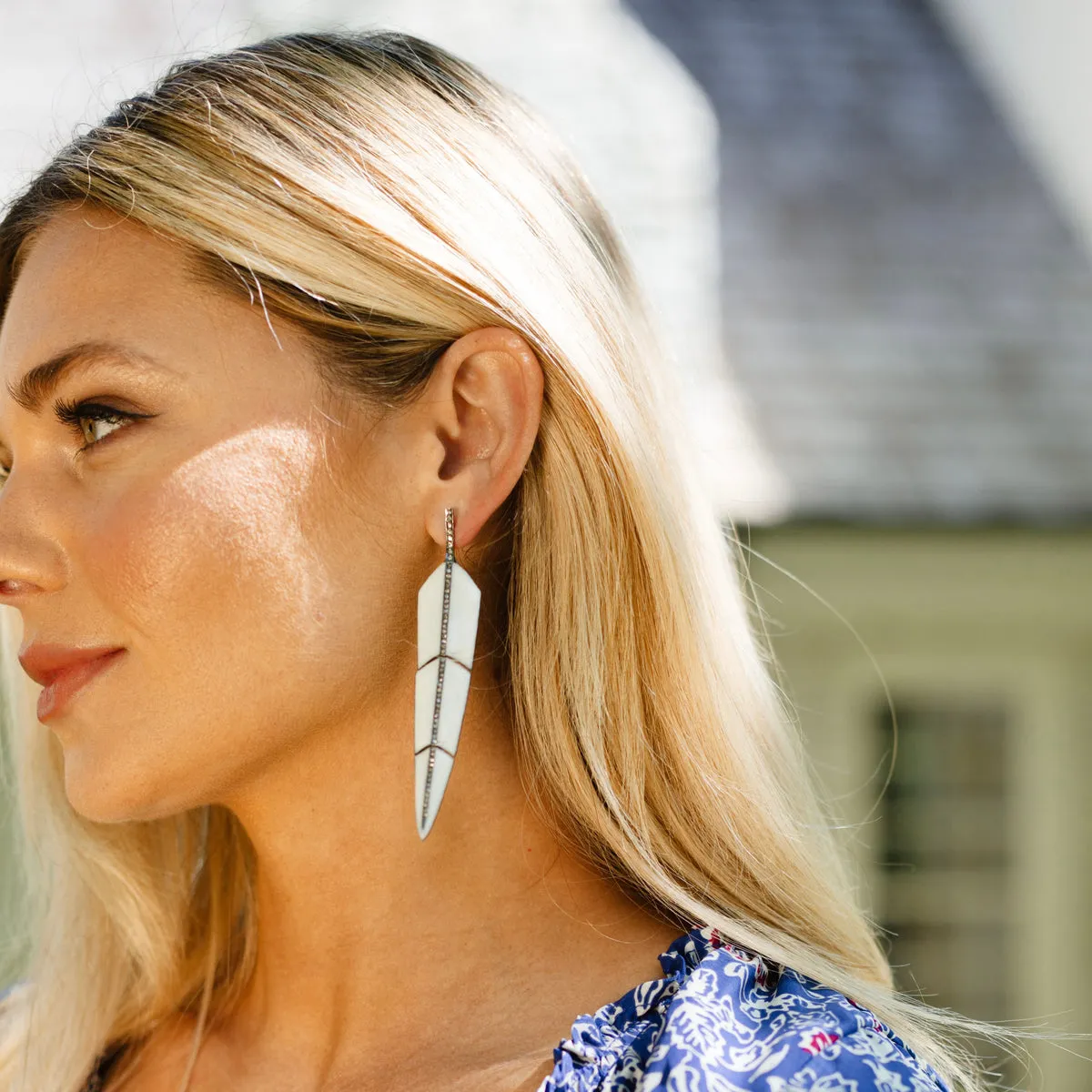 Pearl White Enamel Feather Earrings