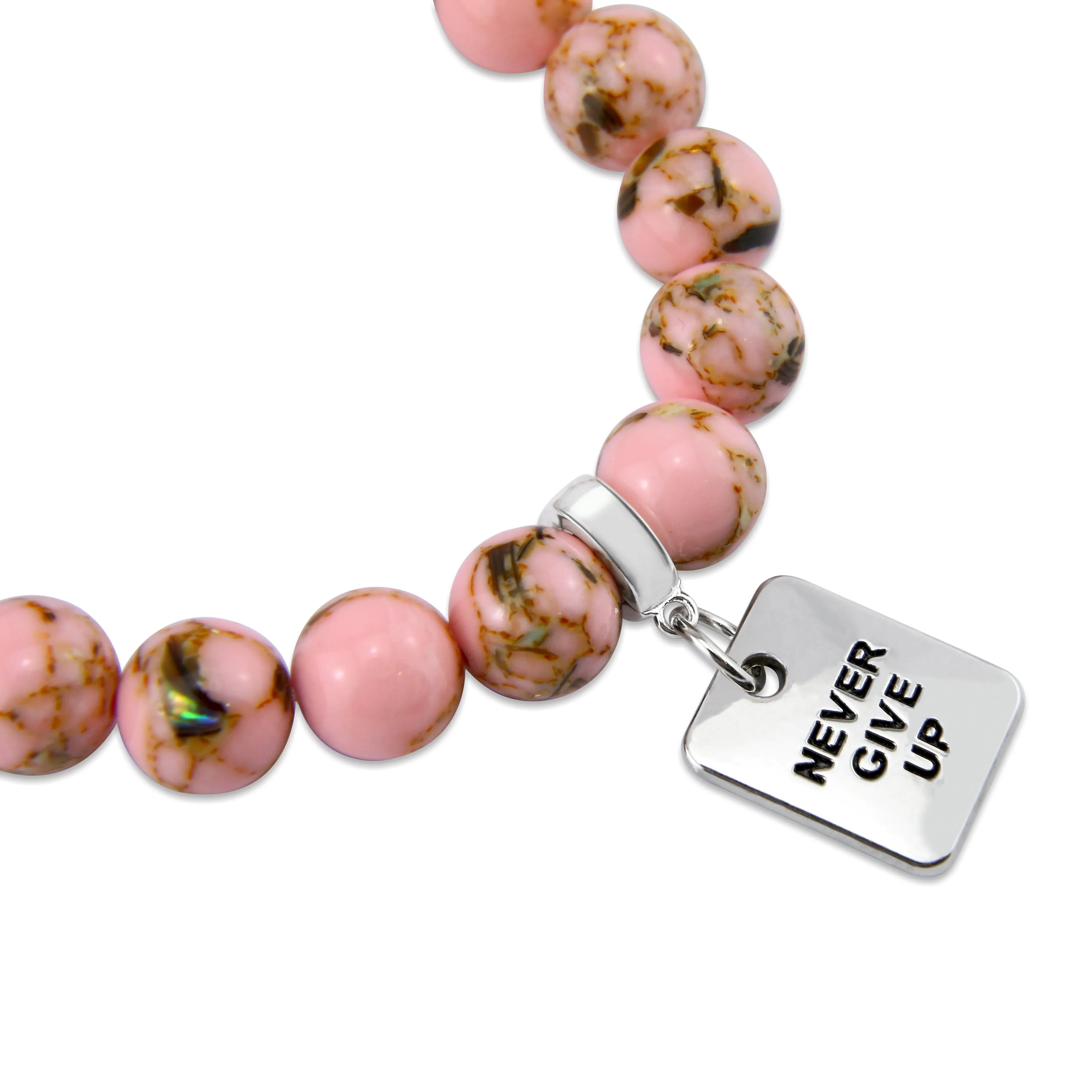 PINK COLLECTION - Soft Pink Synthesis 10mm Bead Bracelet  -  Silver Word Charms