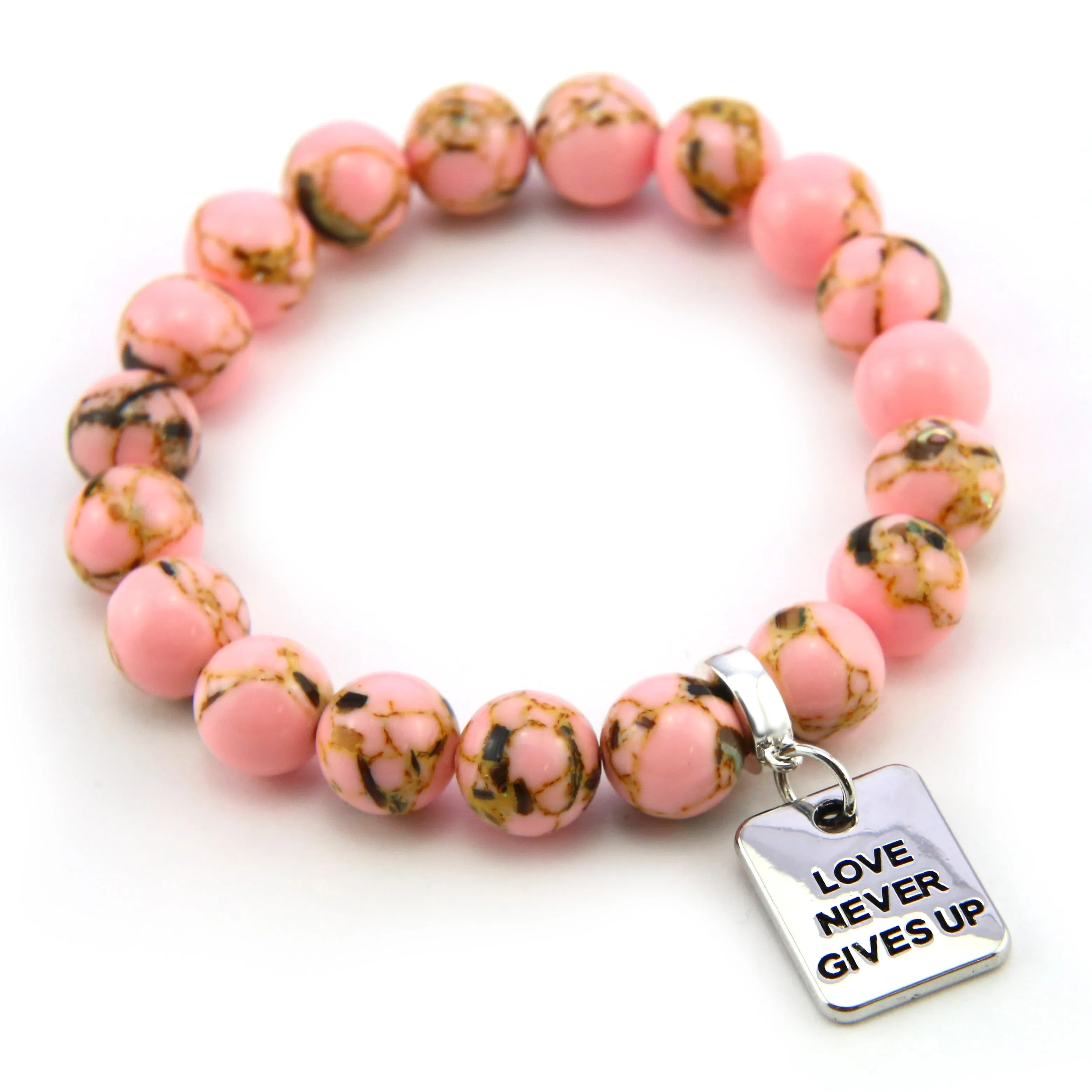 PINK COLLECTION - Soft Pink Synthesis 10mm Bead Bracelet  -  Silver Word Charms