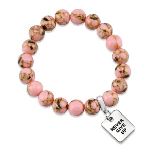 PINK COLLECTION - Soft Pink Synthesis 10mm Bead Bracelet  -  Silver Word Charms