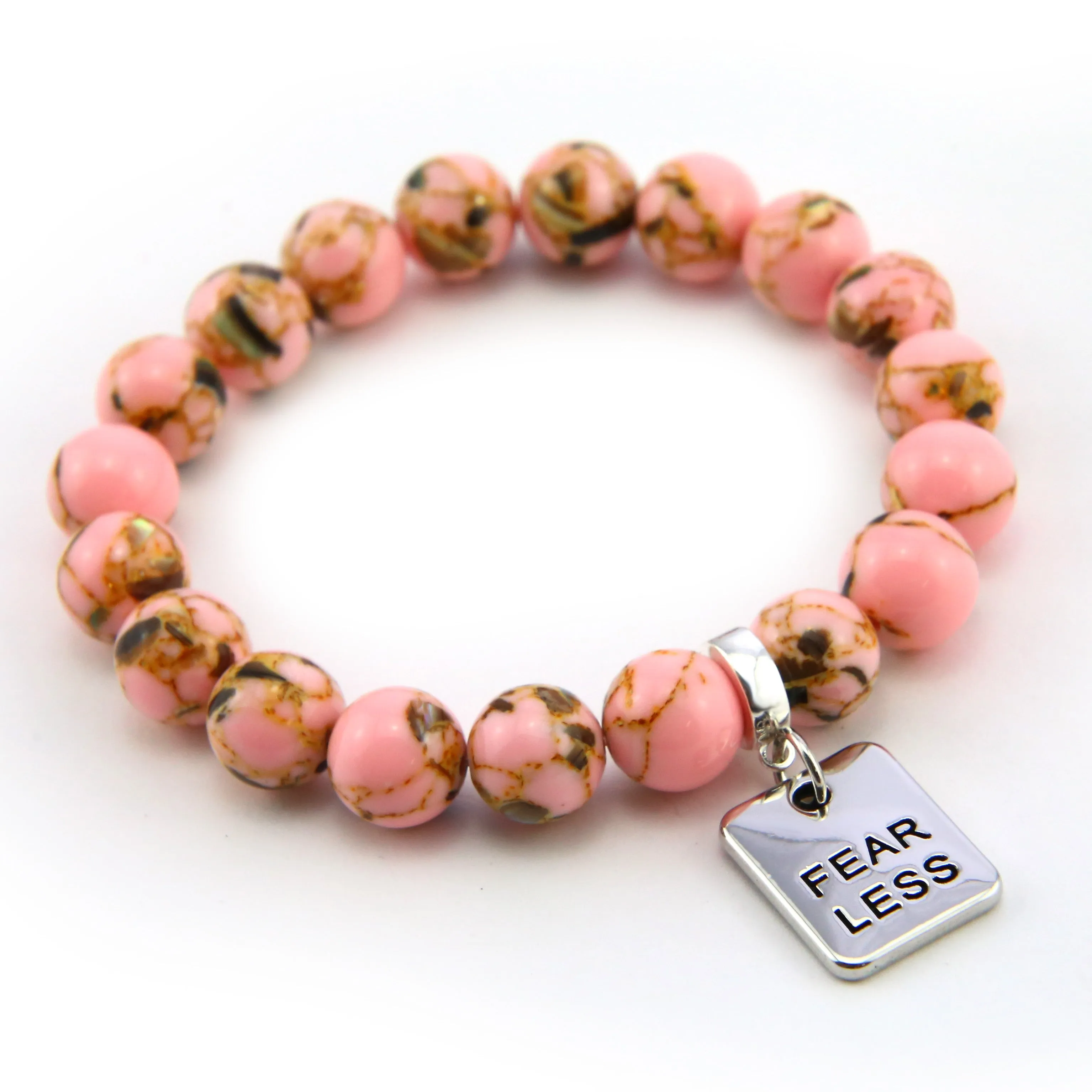 PINK COLLECTION - Soft Pink Synthesis 10mm Bead Bracelet  -  Silver Word Charms