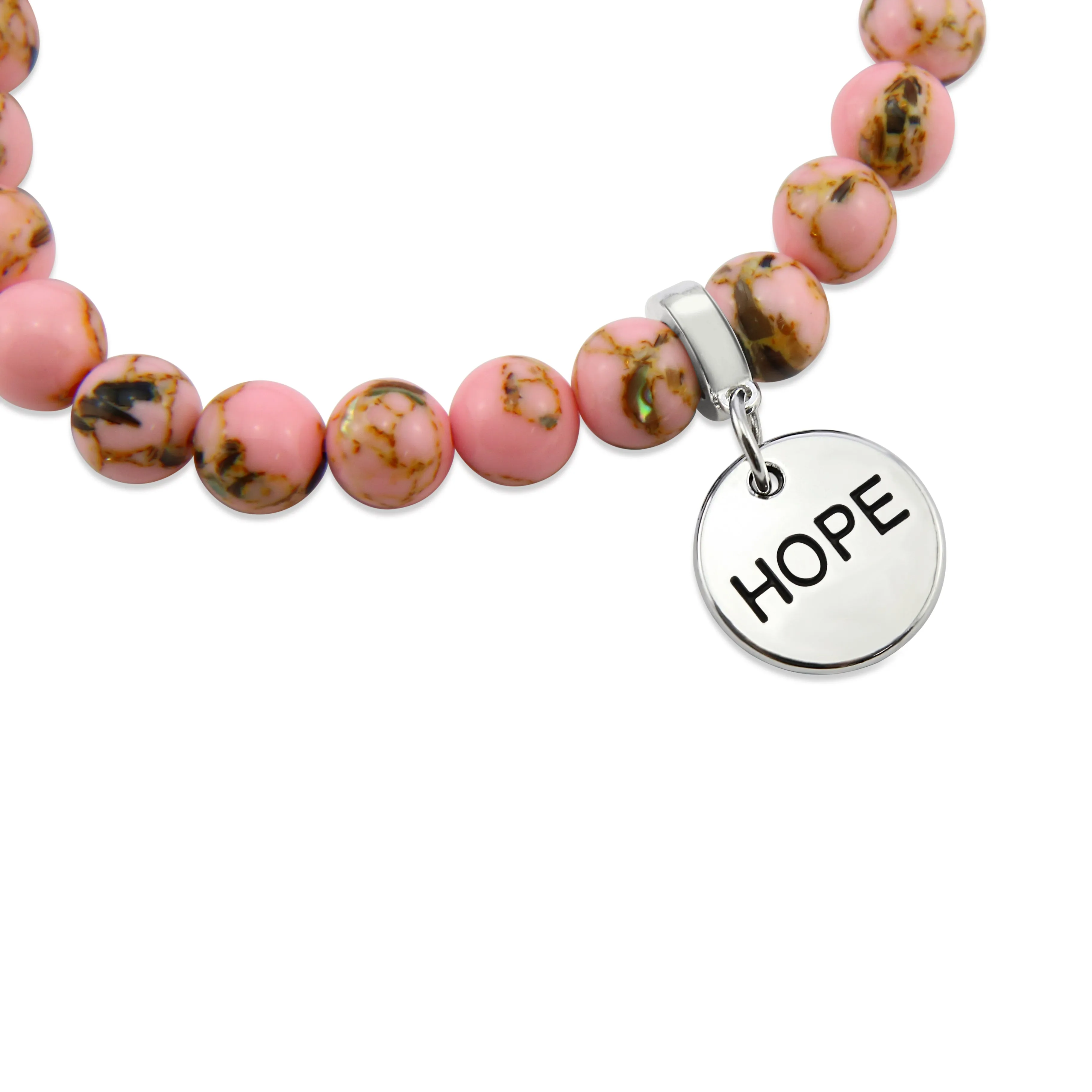 PINK COLLECTION - Soft Pink Synthesis 8mm Bead Bracelet  -  Silver Word Charms