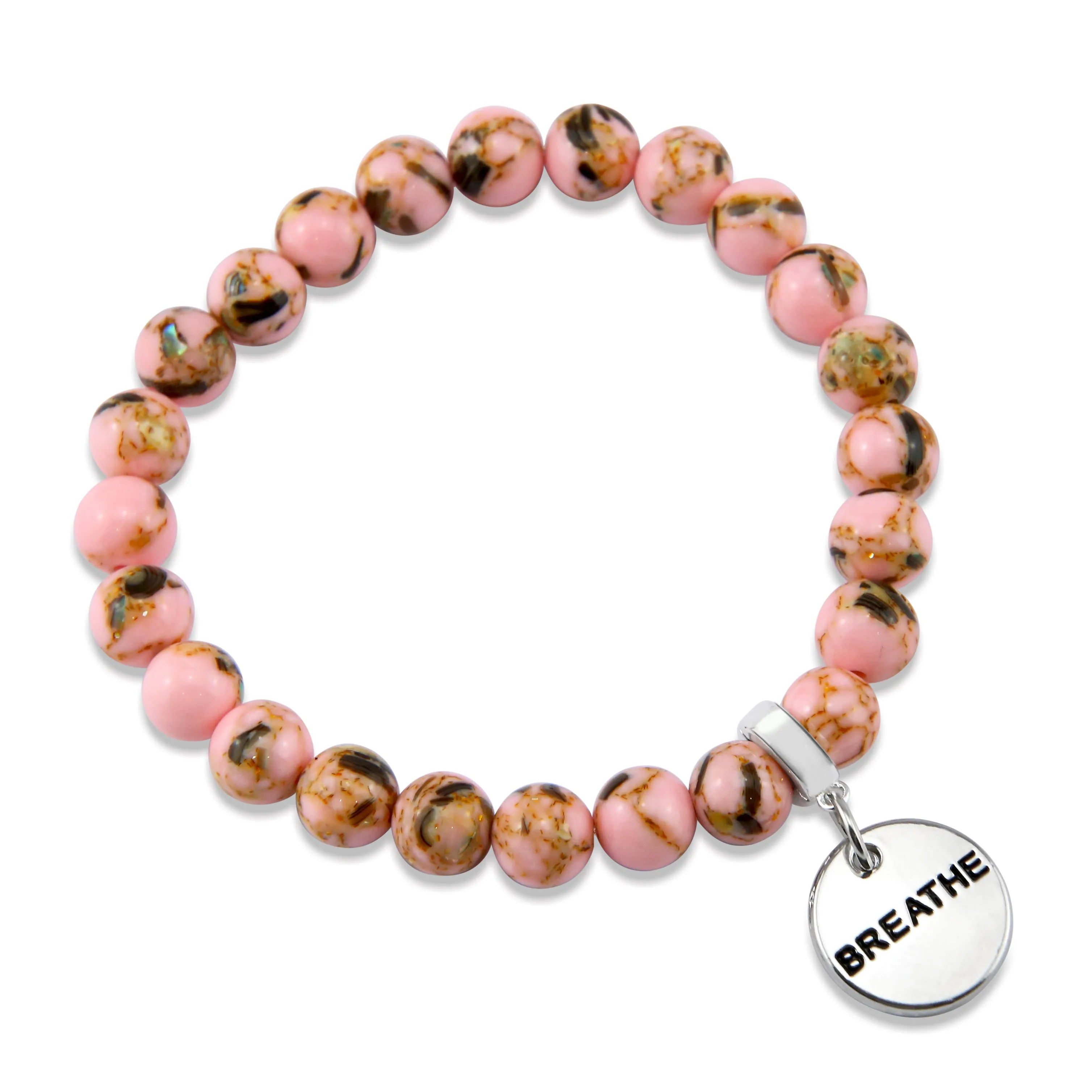 PINK COLLECTION - Soft Pink Synthesis 8mm Bead Bracelet  -  Silver Word Charms