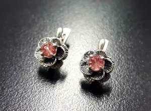 Pink Rose Earrings - Natural Tourmaline Earrings - Vintage Flower Earrings