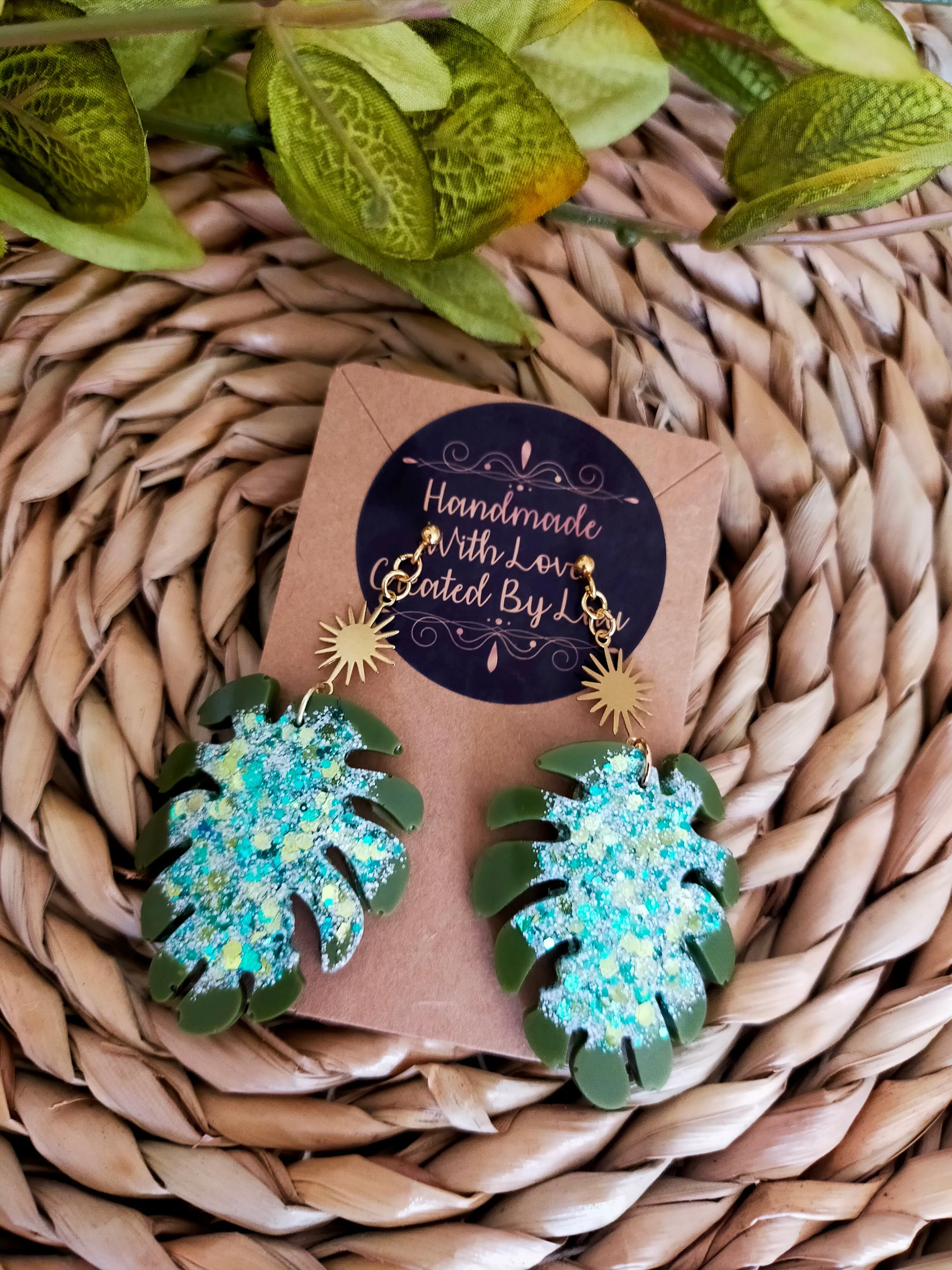 "Rory" Khaki Green Glitter Sun Monstera Leaf Statement Resin Dangle Earrings