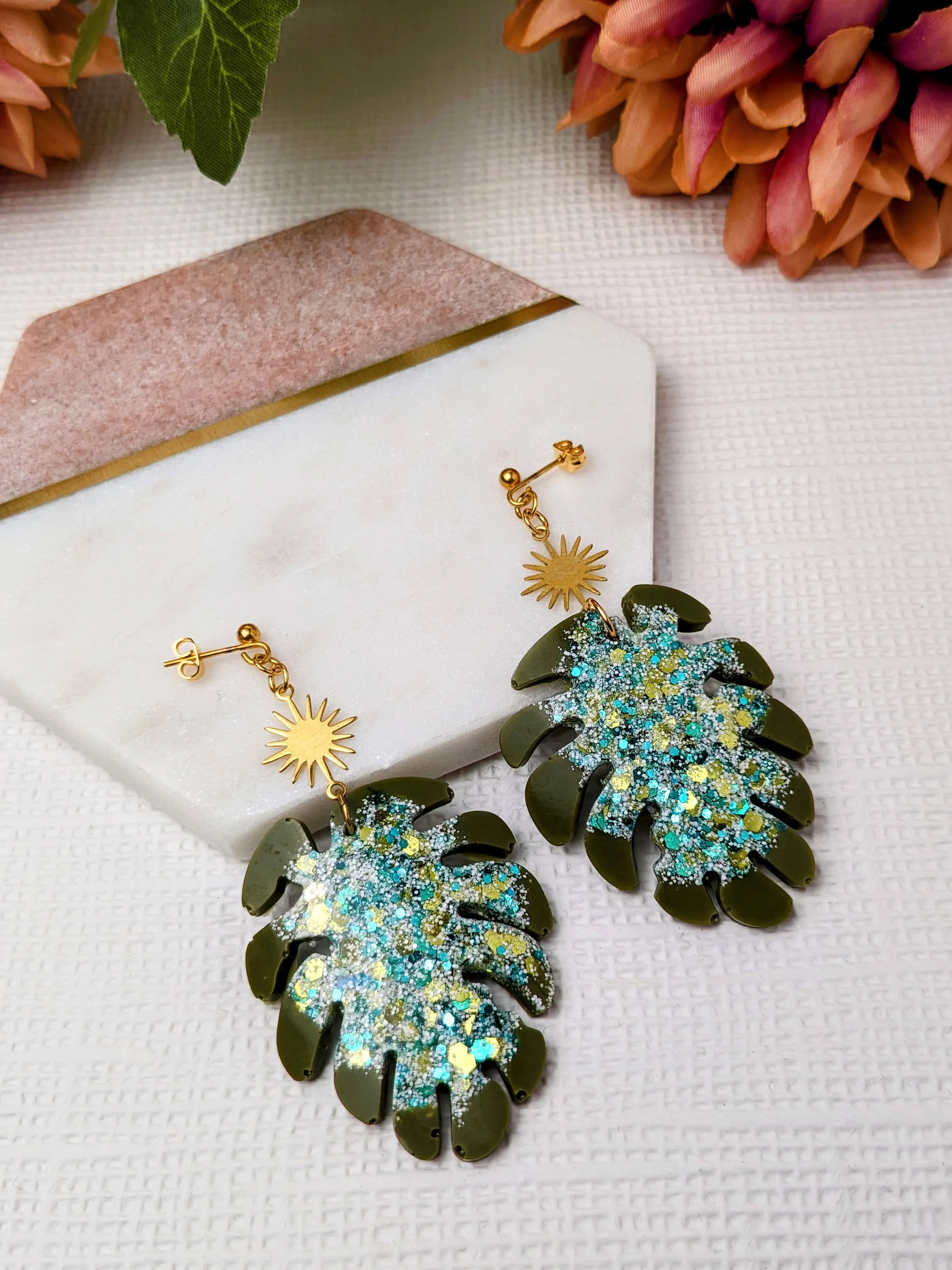 "Rory" Khaki Green Glitter Sun Monstera Leaf Statement Resin Dangle Earrings