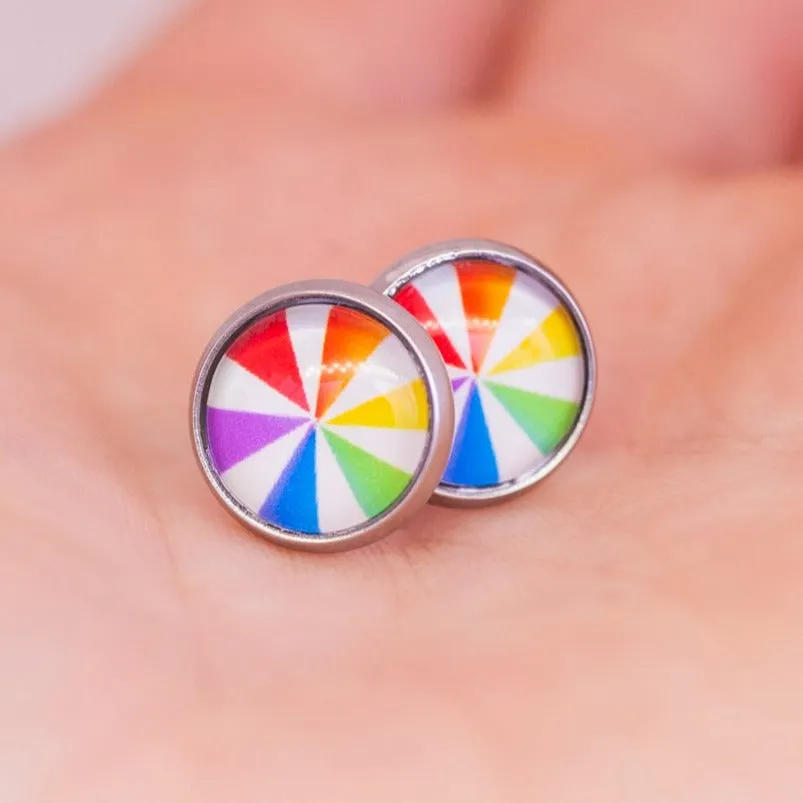 Rainbow pinwheel subtle pride earrings - stud or dangle