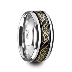 RAIZEN Tungsten Carbide Wedding Ring with Dual Offset Grooves and Laser Engraved Celtic Pattern Polished and Beveled Edges - 8mm