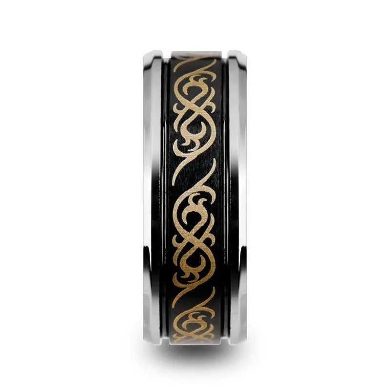 RAIZEN Tungsten Carbide Wedding Ring with Dual Offset Grooves and Laser Engraved Celtic Pattern Polished and Beveled Edges - 8mm