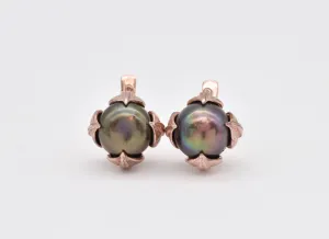 Rose Gold Pearl Earrings - Real Pearl Leaf Earrings - Vintage Black Pearl Studs