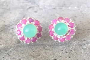 Ruby Flower Earrings - Victorian Silver Studs - Chrysoprase Earrings