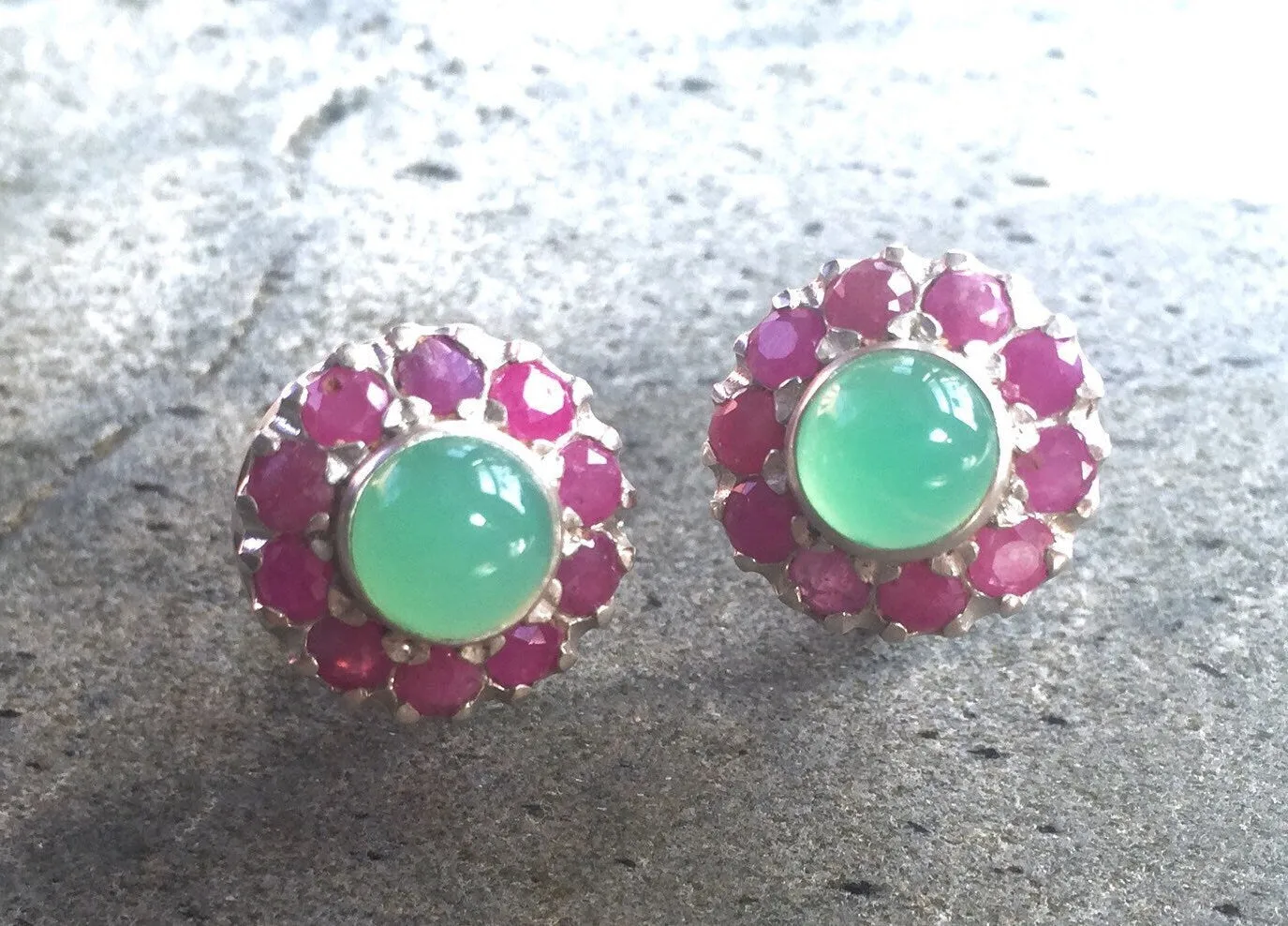 Ruby Flower Earrings - Victorian Silver Studs - Chrysoprase Earrings