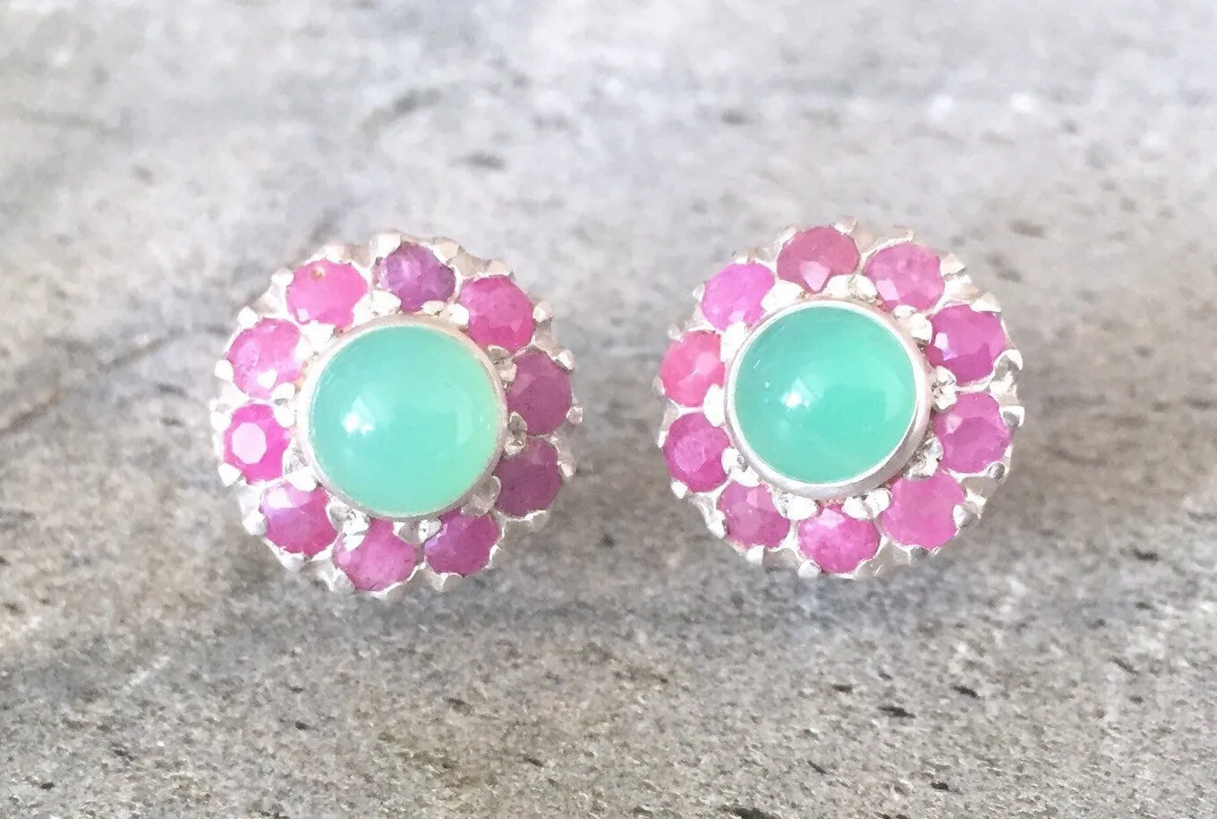 Ruby Flower Earrings - Victorian Silver Studs - Chrysoprase Earrings