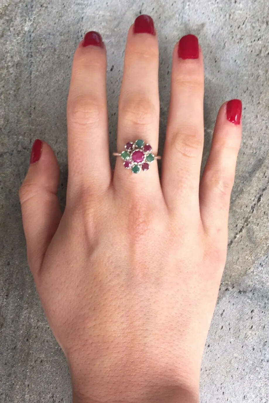 Ruby Flower Ring - Emerald Ring - Vintage Cocktail Ring