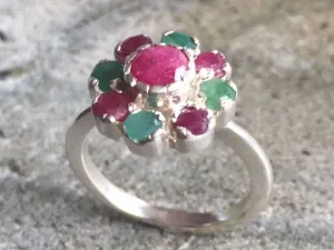 Ruby Flower Ring - Emerald Ring - Vintage Cocktail Ring