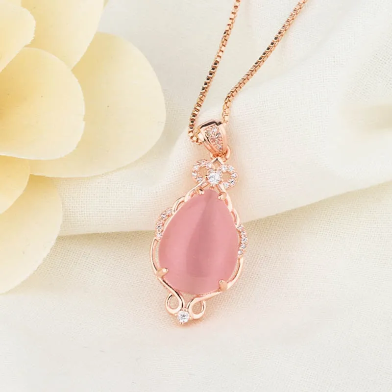 Silver 925 Jewelry Necklace with Water drop shape Pink rose quartz zircon gemstones Pendant for Women