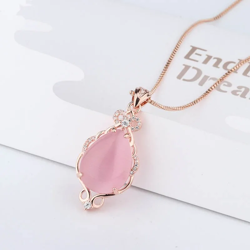 Silver 925 Jewelry Necklace with Water drop shape Pink rose quartz zircon gemstones Pendant for Women