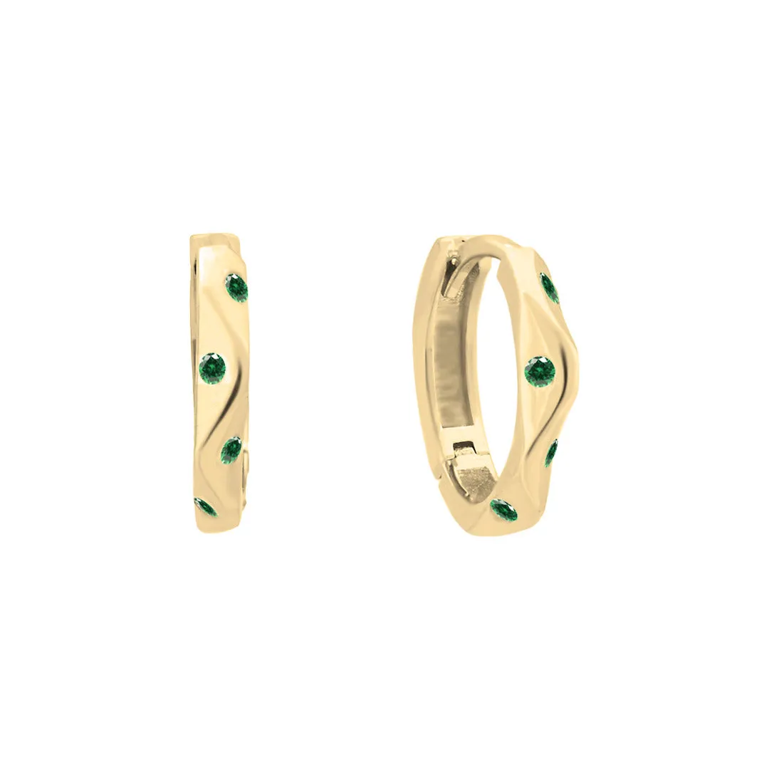 Solid Gold Wave Green CZ Hoops