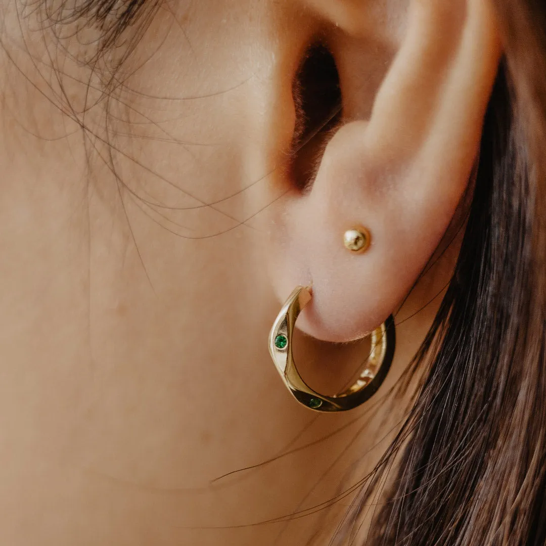 Solid Gold Wave Green CZ Hoops