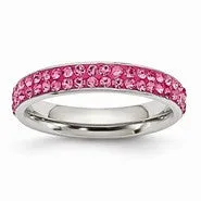 Stainless Steel 4mm Polished Pink Crystal Ring