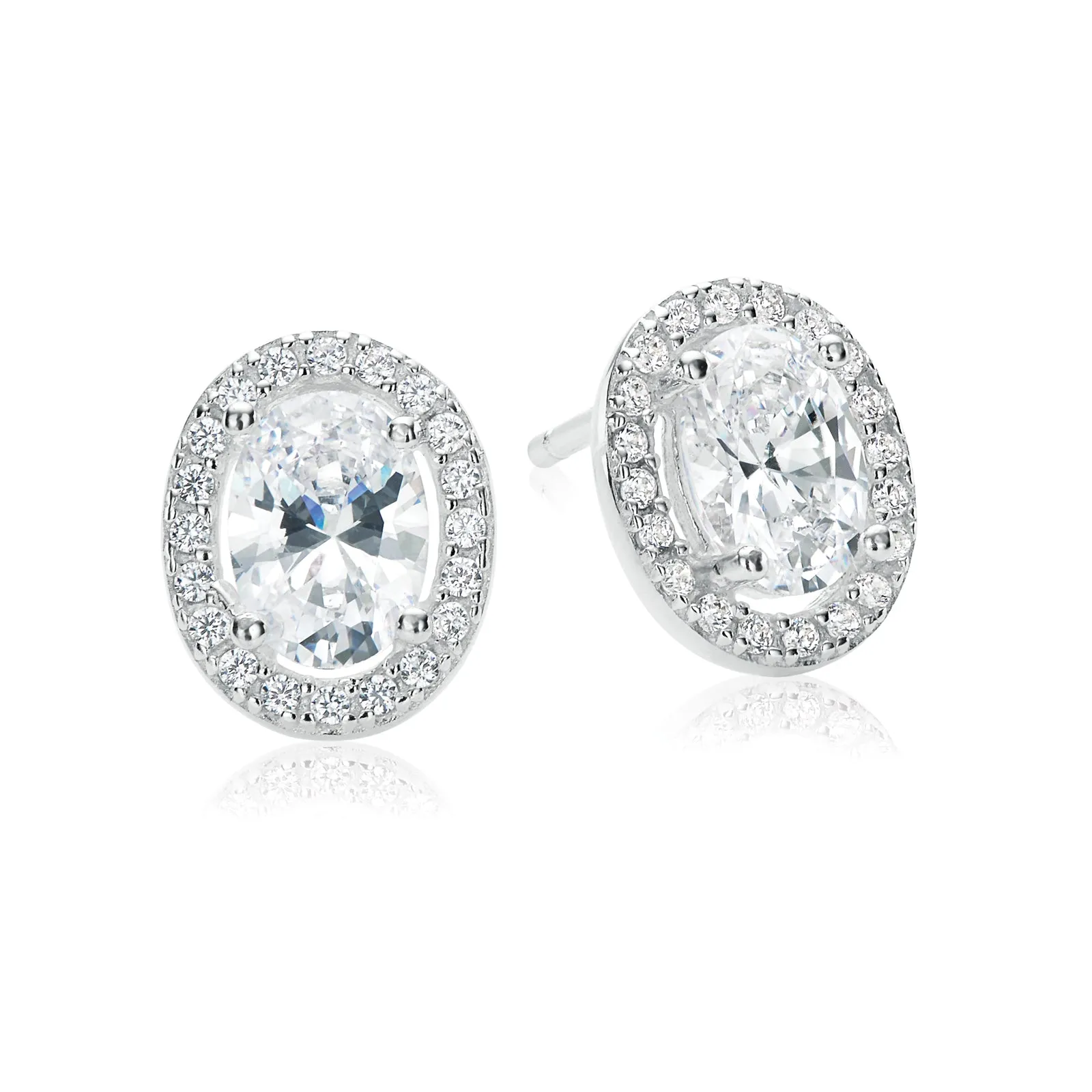 Sterling Silver Cubic Zirconia Halo Oval  Stud Earrings