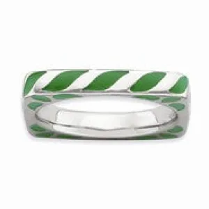 Sterling Silver Polished Green Enameled Square Ring