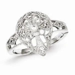 Sterling Silver w/Rhodium Plated Diamond Cross in Oval Ring