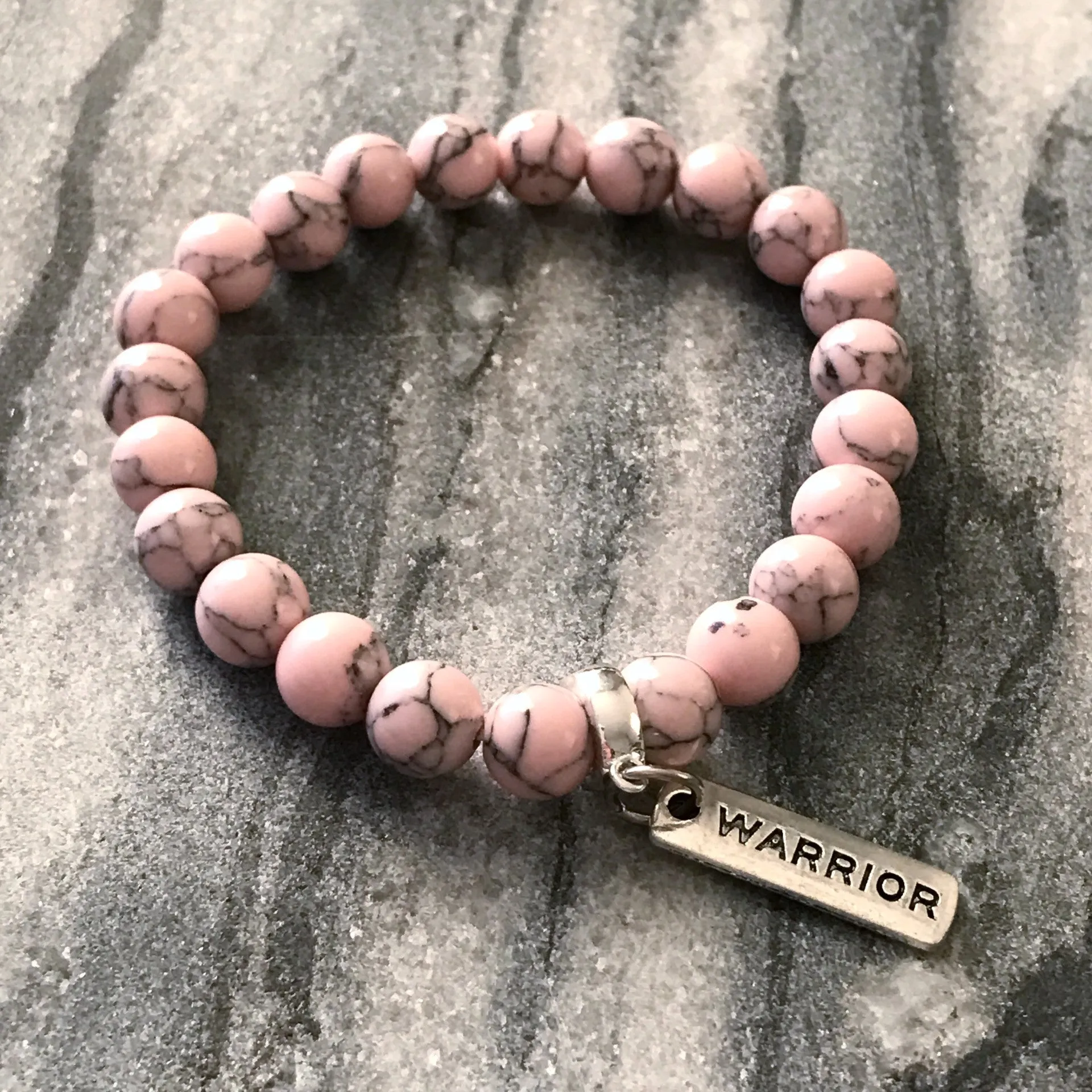 Stone Bracelet - Soft Pink Marbled 8mm Beads - with Silver Word Charm