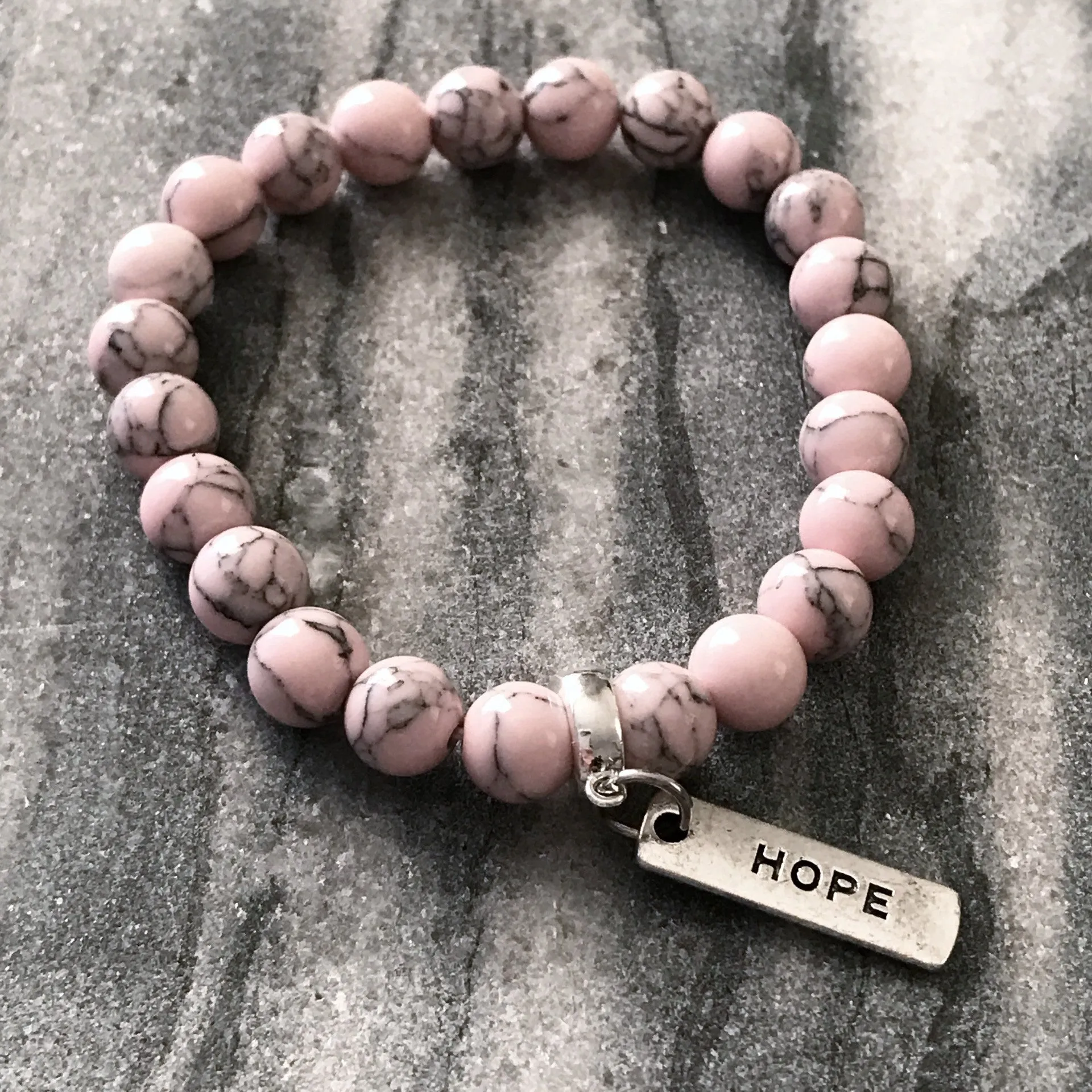 Stone Bracelet - Soft Pink Marbled 8mm Beads - with Silver Word Charm