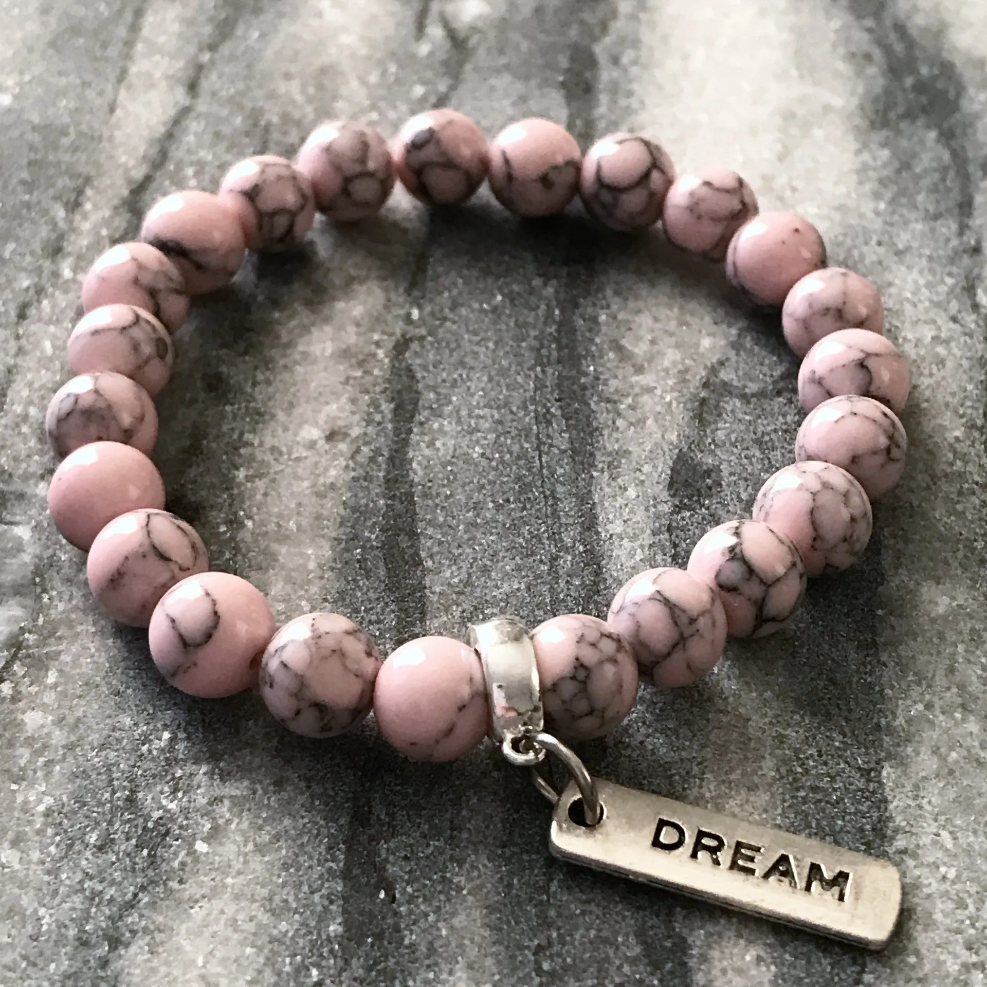 Stone Bracelet - Soft Pink Marbled 8mm Beads - with Silver Word Charm