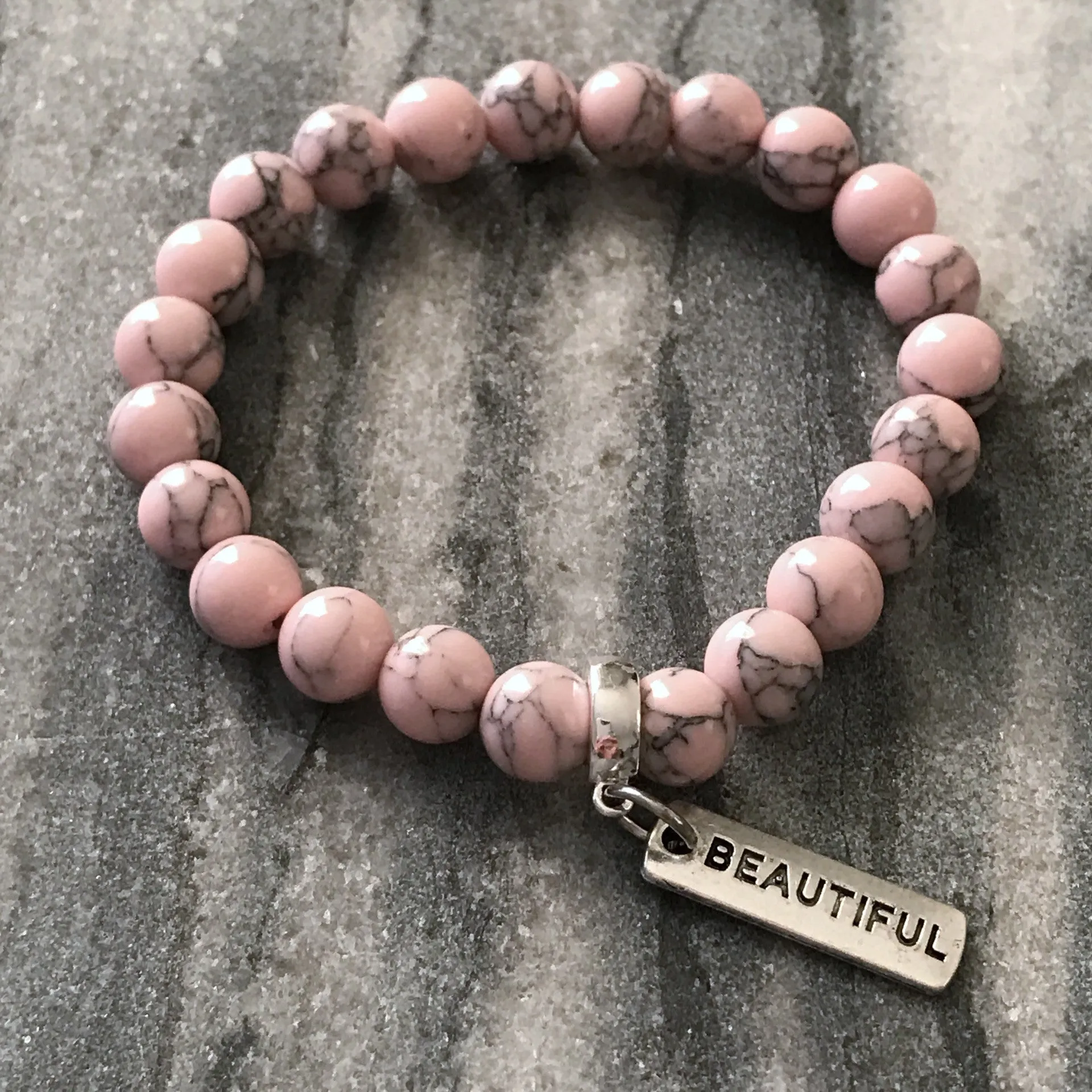 Stone Bracelet - Soft Pink Marbled 8mm Beads - with Silver Word Charm