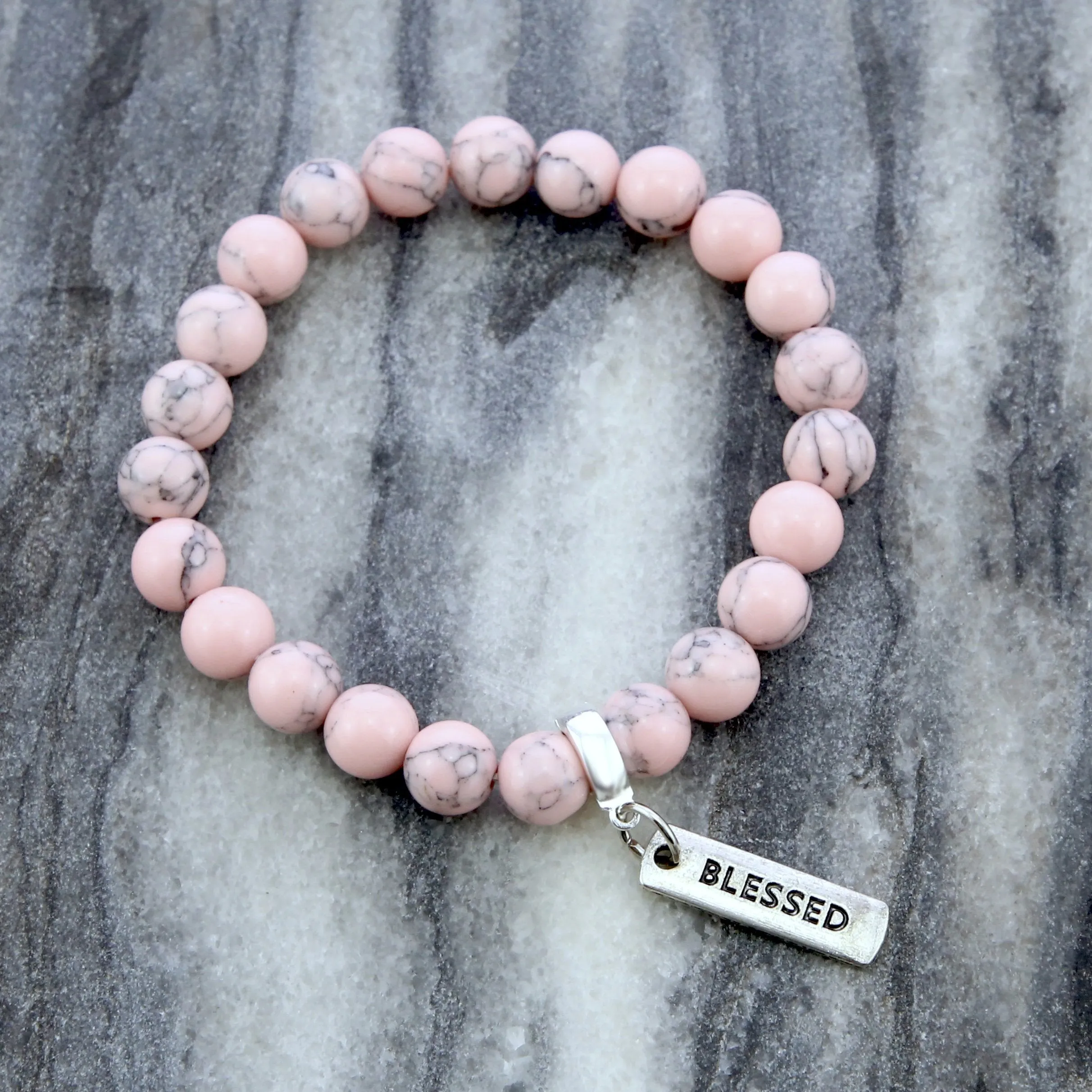 Stone Bracelet - Soft Pink Marbled 8mm Beads - with Silver Word Charm