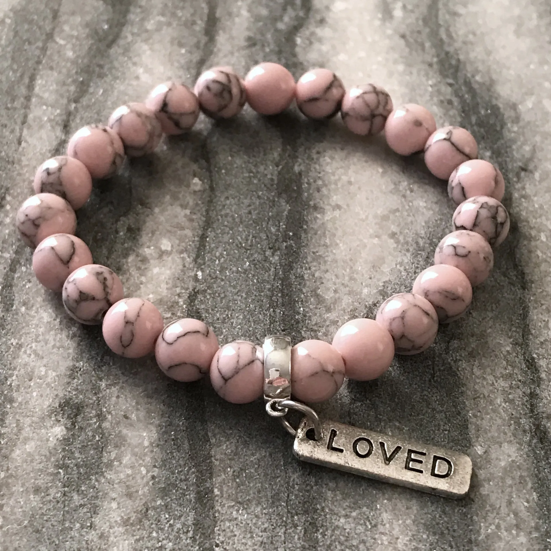 Stone Bracelet - Soft Pink Marbled 8mm Beads - with Silver Word Charm