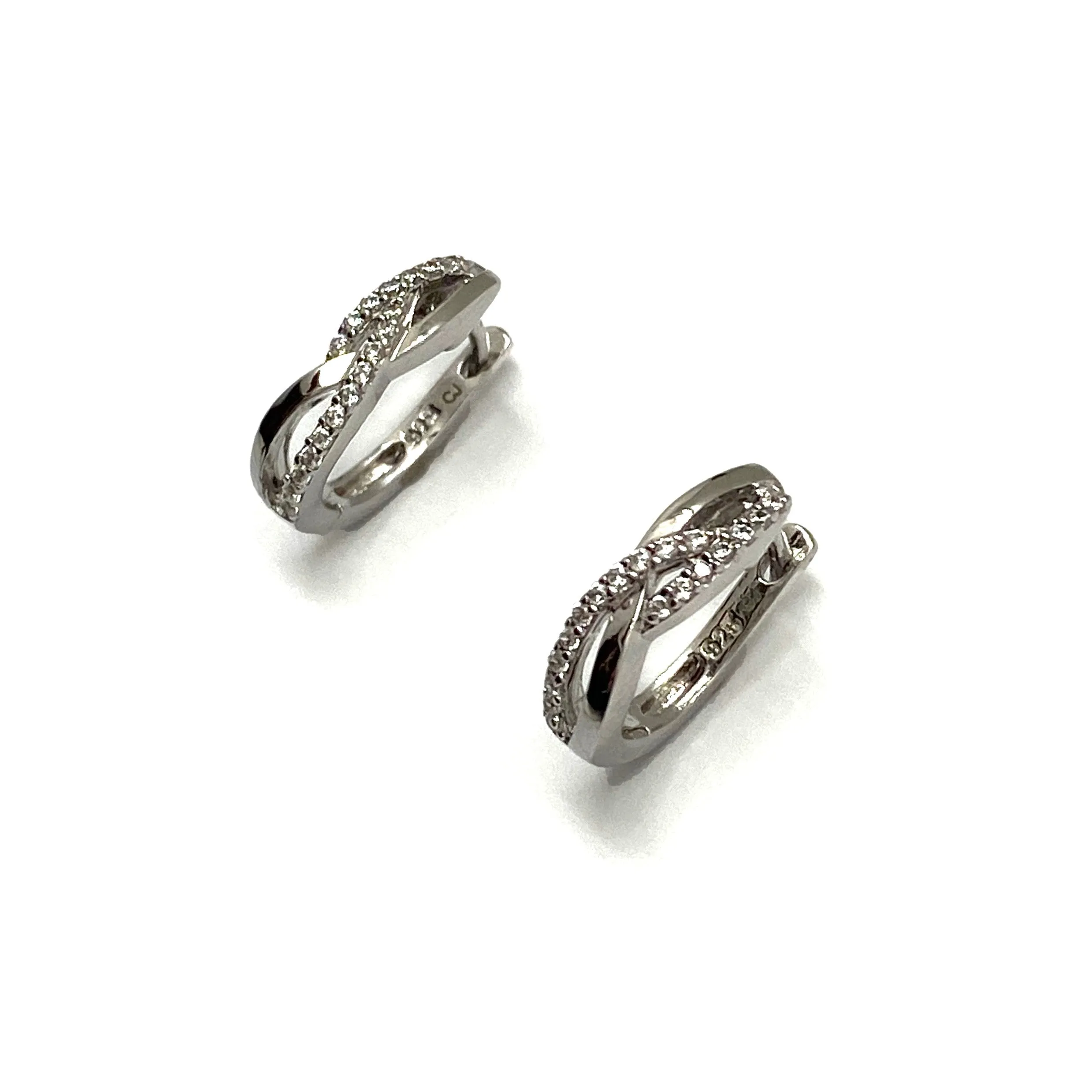 Twisted Silver CZ Huggie Earrings