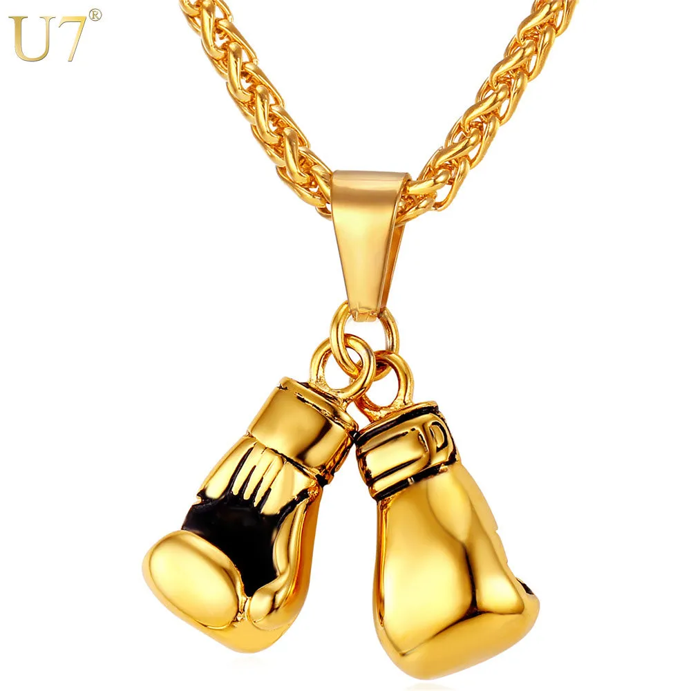 U7 Brand Men Necklace & Pendant Gold Color Stainless Steel Chain Pair Boxing Glove Charm Fashion Sport Fitness Jewelry P856