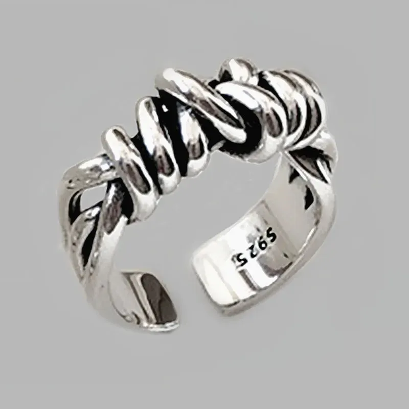 VAIGE Silver Vintage Woven Winding Rings - Trendy Geometric Design with Cubic Zirconia Accent