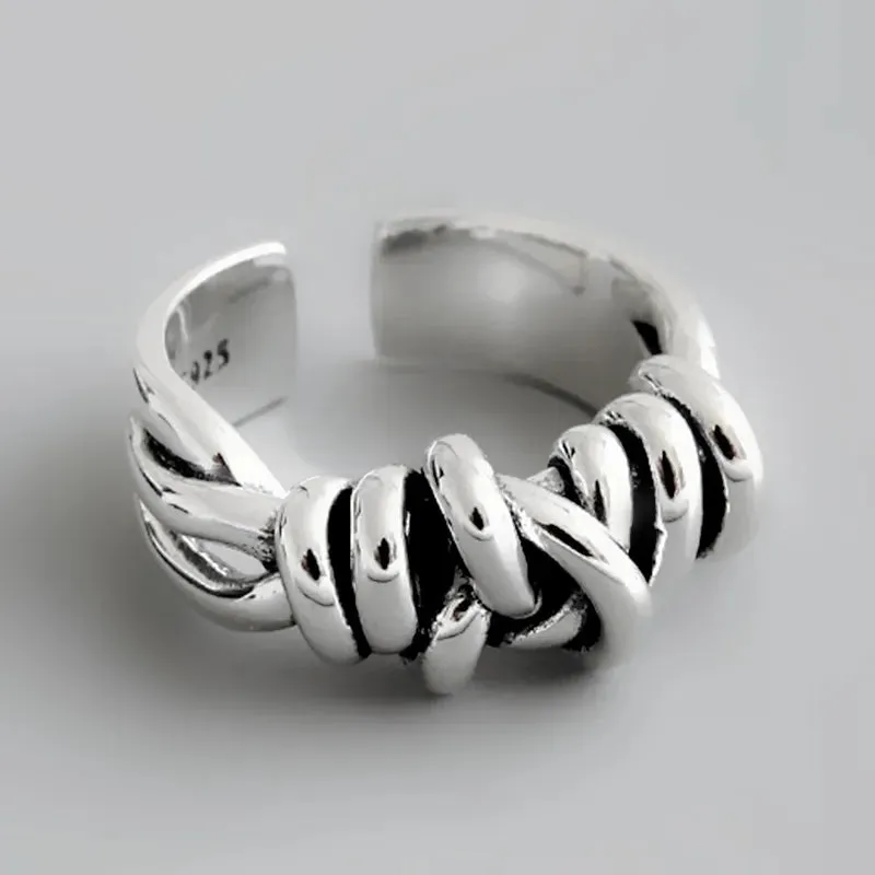 VAIGE Silver Vintage Woven Winding Rings - Trendy Geometric Design with Cubic Zirconia Accent