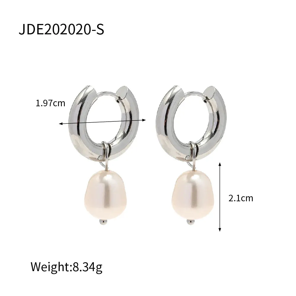 VAIGE Trendy Stainless Steel Gold Plated Drop Earrings with Freshwater Pearl Pendants - Simple Geometric Design for Parties