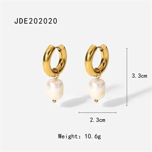 VAIGE Trendy Stainless Steel Gold Plated Drop Earrings with Freshwater Pearl Pendants - Simple Geometric Design for Parties