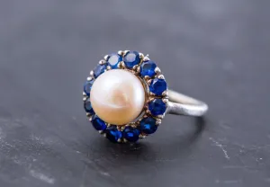 Victorian Pearl Ring - Sapphire Flower Ring - Pearl Statement Ring