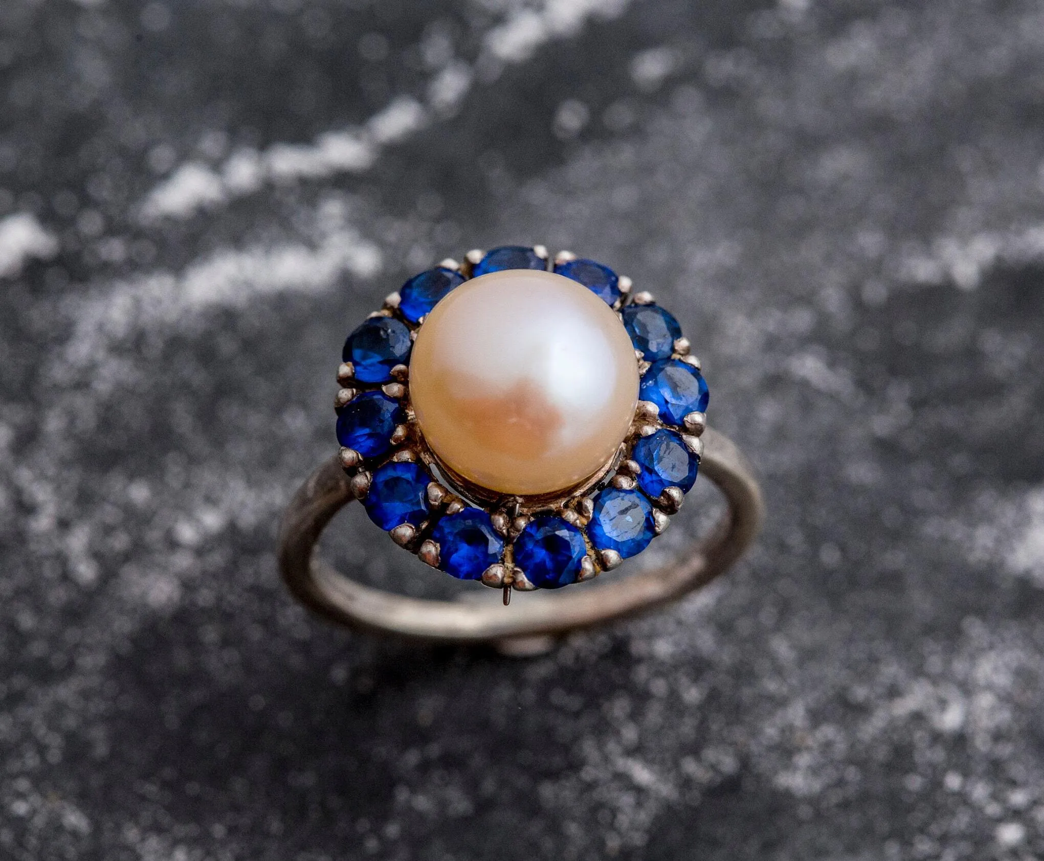 Victorian Pearl Ring - Sapphire Flower Ring - Pearl Statement Ring