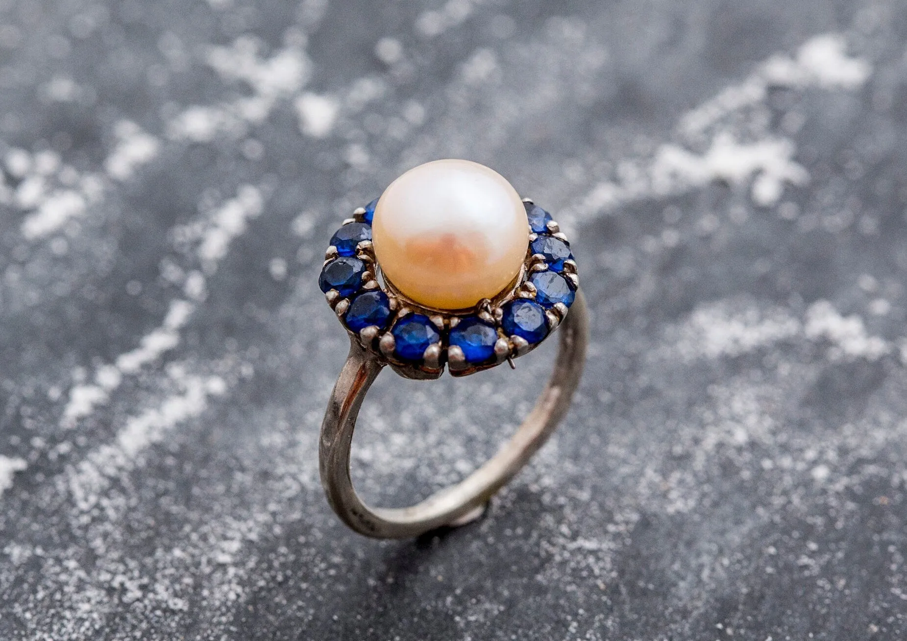 Victorian Pearl Ring - Sapphire Flower Ring - Pearl Statement Ring