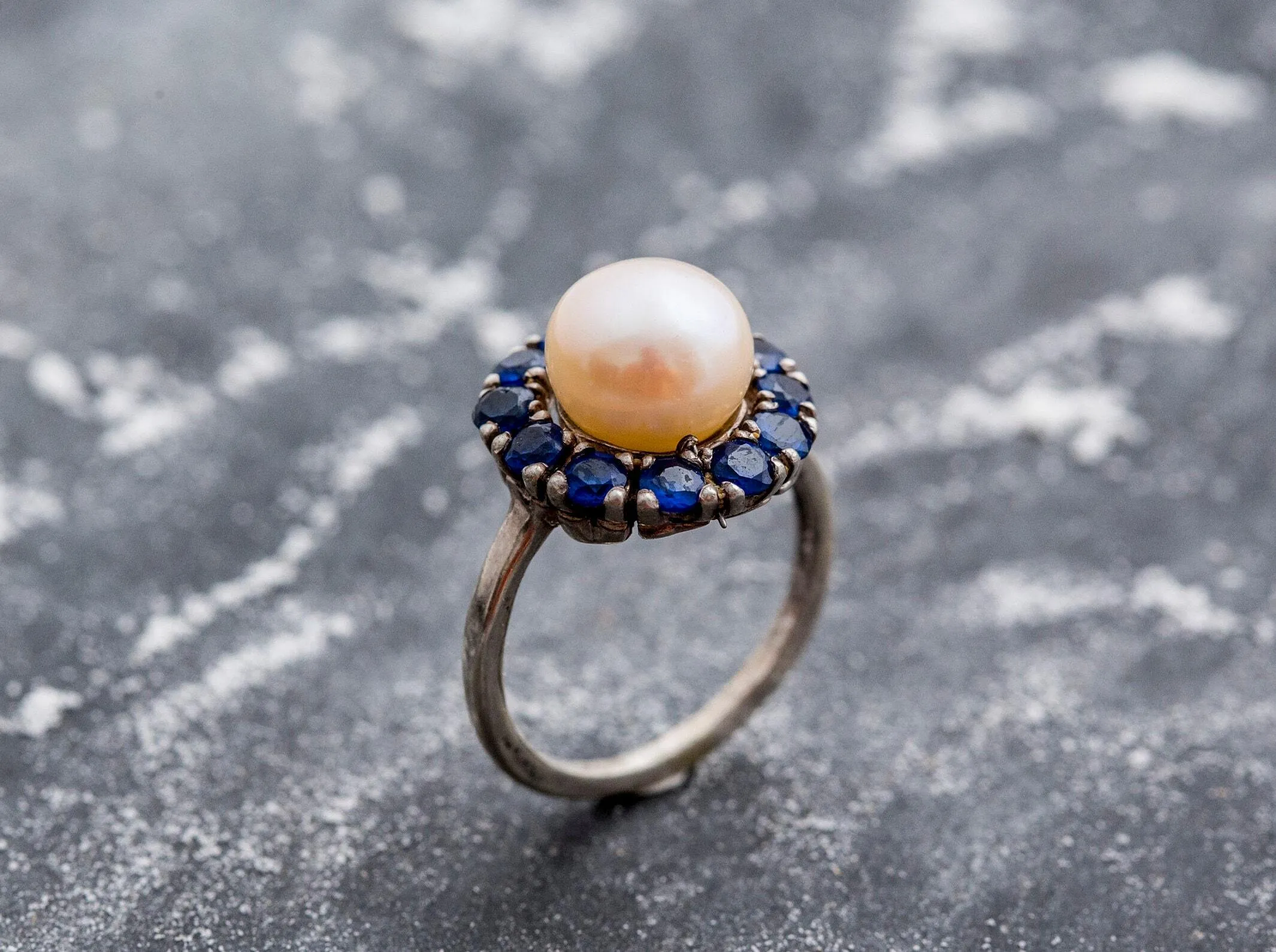 Victorian Pearl Ring - Sapphire Flower Ring - Pearl Statement Ring