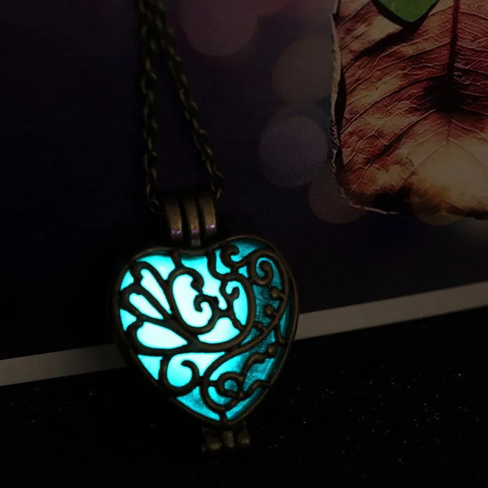 Vintage Glow In The Dark Locket copper Hollow Glowing Stone necklace Heart Statement Choker Pendant Necklaces For Women