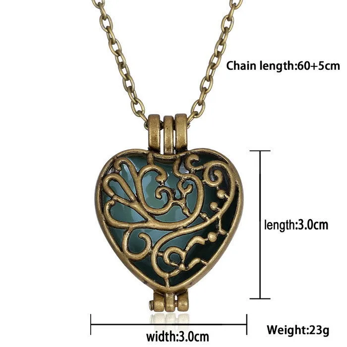 Vintage Glow In The Dark Locket copper Hollow Glowing Stone necklace Heart Statement Choker Pendant Necklaces For Women