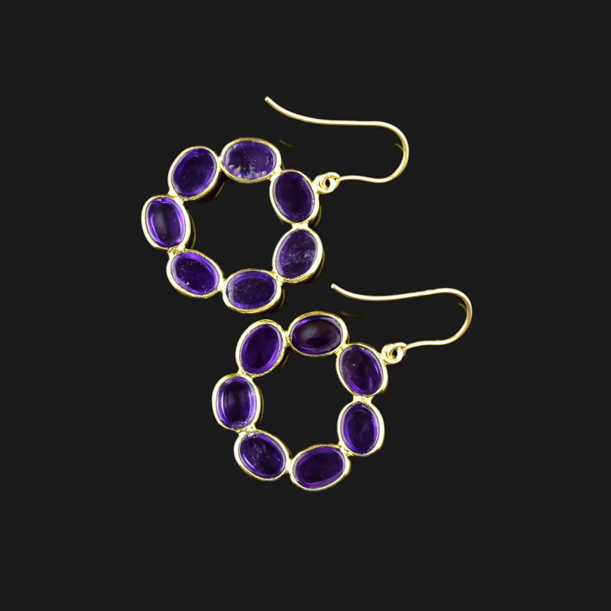 Vintage Gold Amethyst Cabochon Hoop Earrings