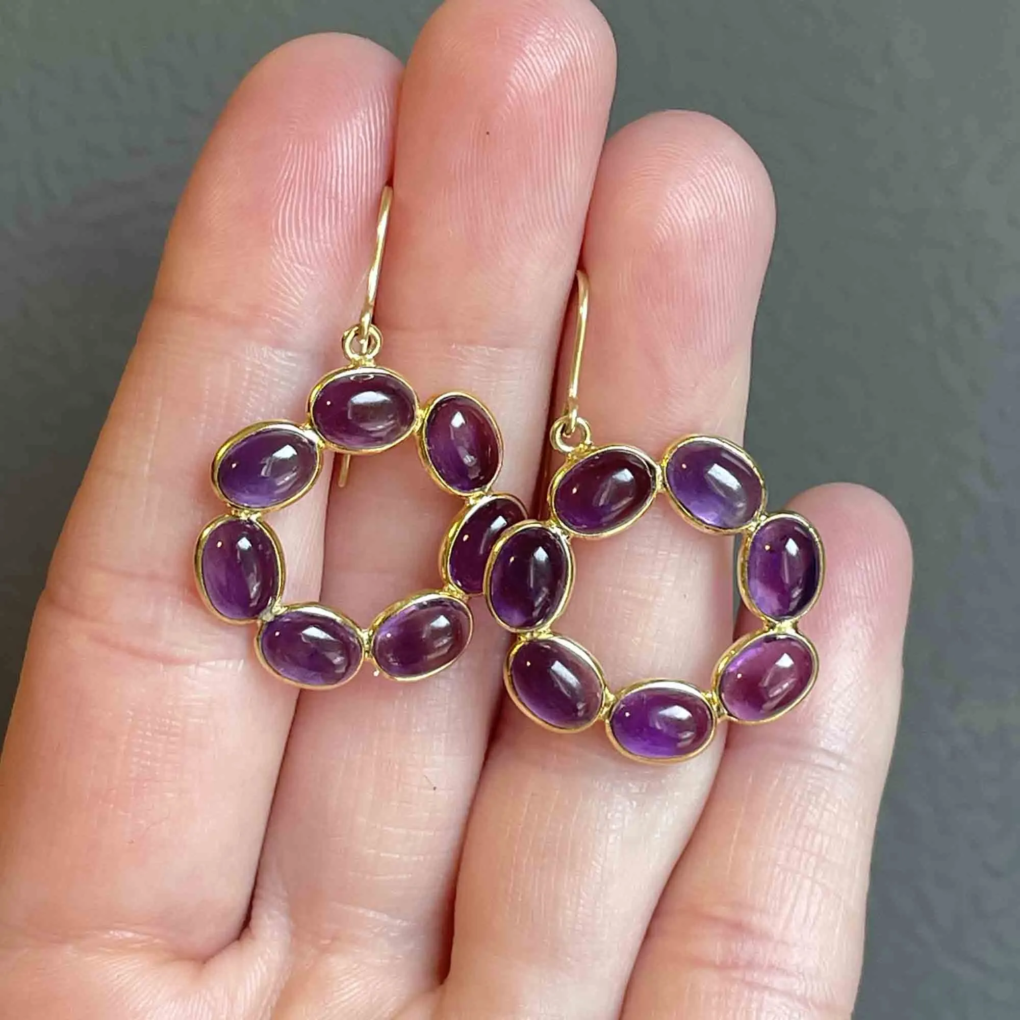 Vintage Gold Amethyst Cabochon Hoop Earrings