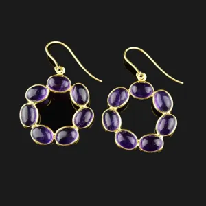 Vintage Gold Amethyst Cabochon Hoop Earrings