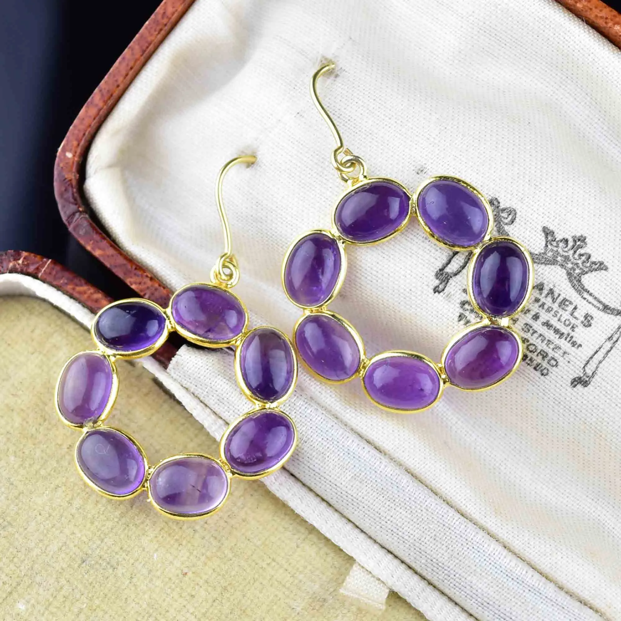 Vintage Gold Amethyst Cabochon Hoop Earrings