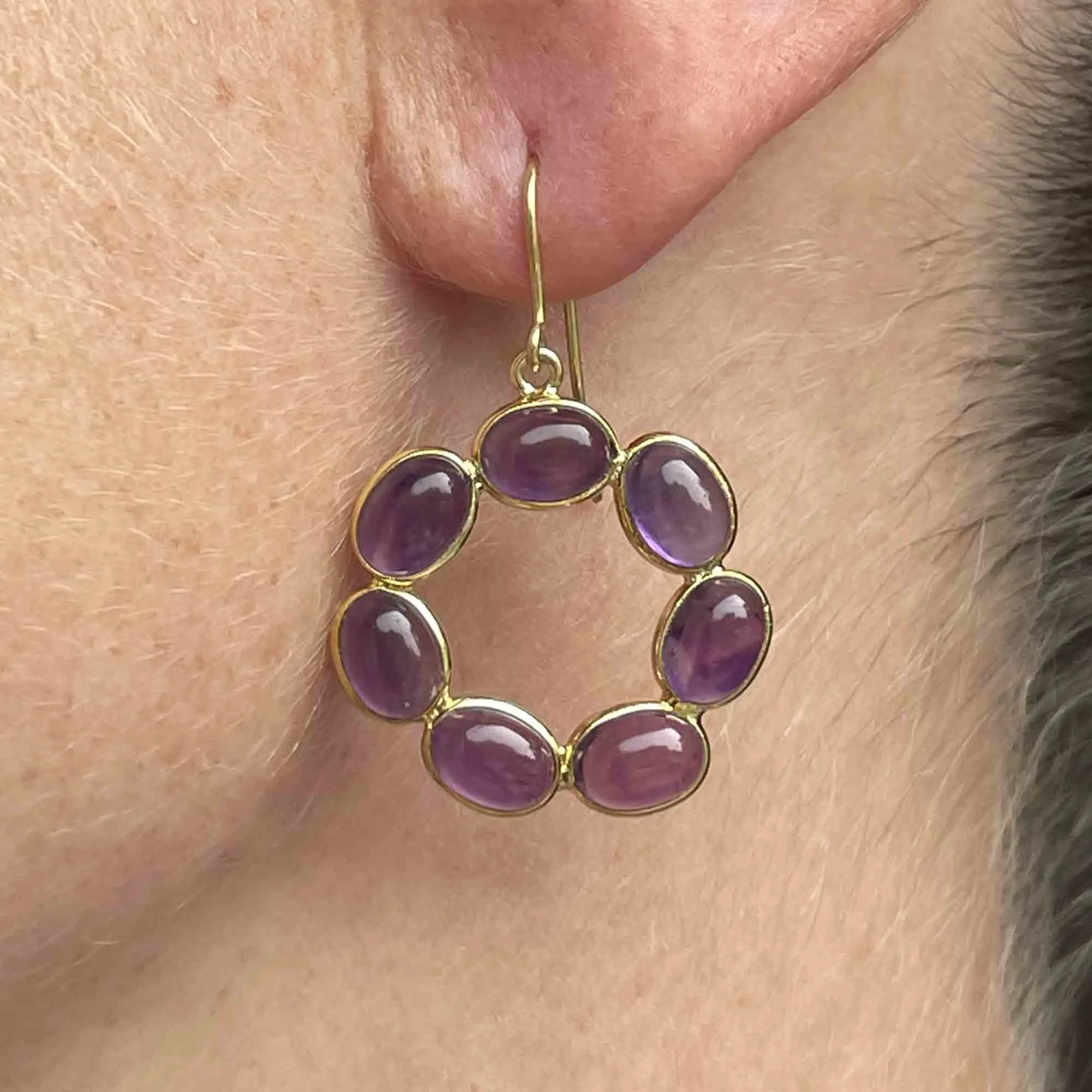 Vintage Gold Amethyst Cabochon Hoop Earrings